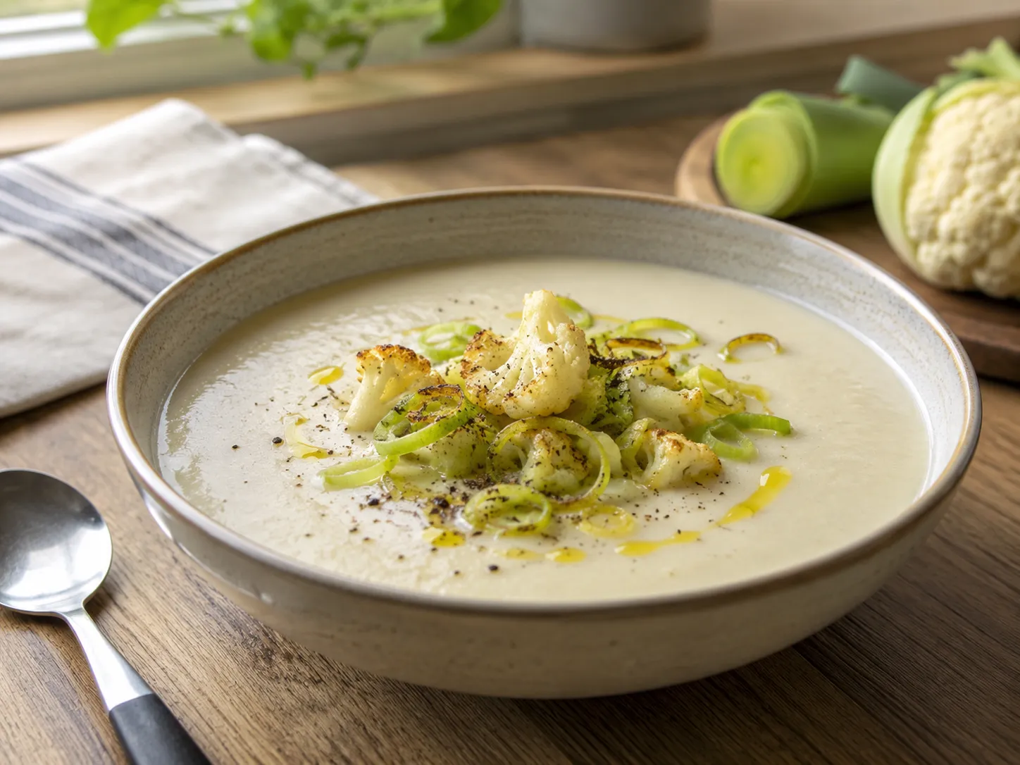 Kremet blomkålsuppe med purreløk